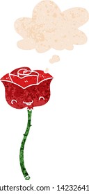rosa de caricatura con burbuja de pensamiento en un estilo retro angustiado y con texturas estrafalarias