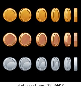 Cartoon Rotation animation coin turns around, frame by frame, gold, silver, bronze svg