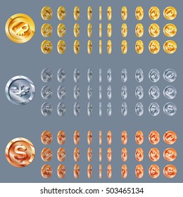 Cartoon Rotation animation coin turns around, frame by frame, gold, silver, bronze. coin set