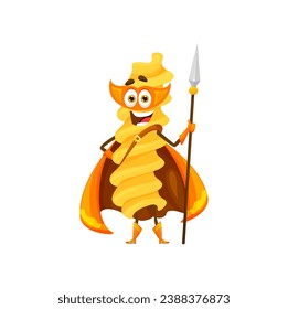 Caricatura rotini personaje de superhéroe de pasta italiana. Vector aislado divertido súper héroe personaje vestido con capa y máscara naranja, listo para salvar el día con lanza de confianza, superpoderes y agudeza