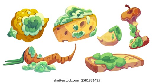 Cartoon rotten food items with moldy cheese piece, spoiled fruit apple core, decaying lemon and garlic, stale bread slice and decomposing carrot with green fuzzy mold patches growing on surfaces.