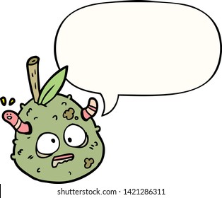 cartoon rotting old pear with worm with speech bubble