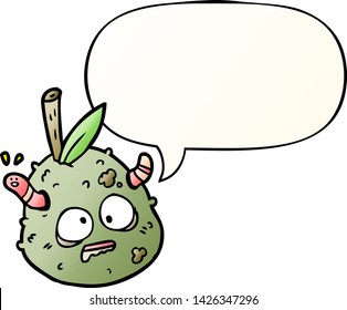 cartoon rotting old pear with worm with speech bubble in smooth gradient style