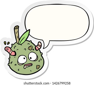 cartoon rotting old pear with worm with speech bubble sticker