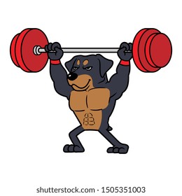 Cartoon Rottweiler Dog Lifting Barbell