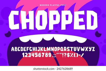 Cartoon Grobe lustige Schriftart, Ausschnitt-Typ, englisches Alphabet, Snack-Food-Schriftart. Vektor-Typografie abc, fette Großbuchstaben, Zahlen und Zeichen zeichnet sich durch verspielte, unregelmäßige Formen im niedlichen kindischen Stil aus