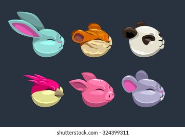 Cartoon round animal faces, vector game elements