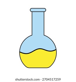 Frasco de fondo redondo de la historieta con el líquido azul en la capa amarilla para la Educación de la Ciencia y la ilustración del laboratorio