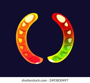 Cartoon round brackets jelly worm candy and confectionery alphabet, sweets typeface, font, type. Isolated vector pair of parentheses punctuation typography symbol as jellybean earthworms