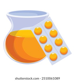 Cartoon round chemical flask containing orange chemical liquid and pills blister pack, for medical or chemical lab research