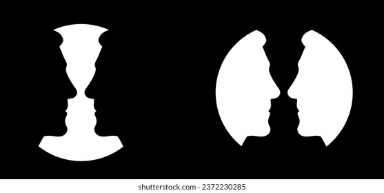 Caricatura redonda, círculo, patrón de línea de perfil facial, dos cabezales de silueta de contorno de oruga. Relaciones, comunicación interpersonal, abstracto terapéutico. La gente se enfrenta a un icono o signo. Dos caras de dualidad