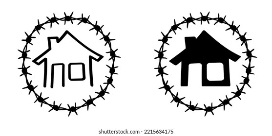 Cartoon round, circle home, speed bubble or speech bubble and rusty barbed wire. House, family wired or wires sign. For freedom or repression. Barbed icon. Fence. Security purposes. Prison building.
