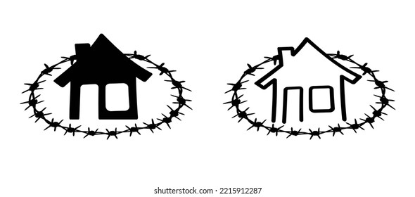 Cartoon round, circle home, speed bubble or speech bubble and rusty barbed wire. House, family wired or wires sign. For freedom or repression. Barbed icon Fence idea. Security purposes. 