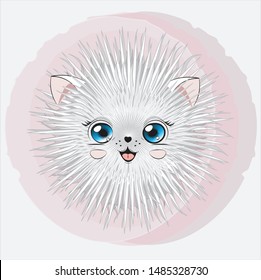 cartoon round fluffy stylized white cat, kitten. The picture in hand drawing style, can be used  for t-shirt print, wear fashion design, greeting card, baby shower.