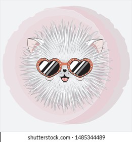 cartoon round fluffy stylized white cat in sunglasses, kitten. The picture in hand drawing style, can be used  for t-shirt print, wear fashion design, greeting card, baby shower.