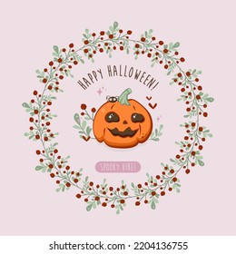 Cartoon round frame wreath of twigs with berries for Halloween with cute characters, pumpkin with Jack smile, spider, hearts and sparkles. Template for cards, icons, stickers, Halloween background. 