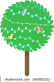 Cartoon round green fluffy tree, decorated with different garlands in shades of blue, and with three birds (purple, red, yellow) on it, vector graphics, vector illustration