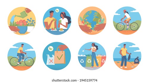 Cartoon round icons with icons on ecological theme and people's lifestyle in harmony with nature