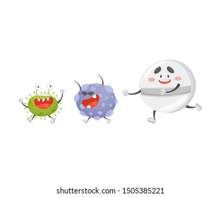 Cartoon round pill chasing viruses. Vector illustration on a white background.