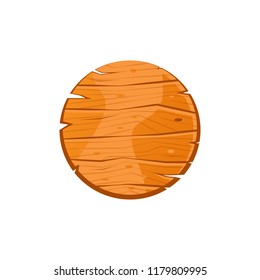 Cartoon round wooden plate. Old west wood pizza dish. Welcome board. Plank for banners or messages. Vector wood board isolated on white background.