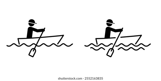 Cartoon rowing boat and paddle icon. Pleasure row boat with oars. Rowing, rower silhouette. Water transport, fishing boat.Maritime kayak boat. Water wave. rowboat for fun and holiday sports.