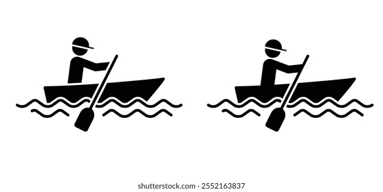 Cartoon rowing boat and paddle icon. Pleasure row boat with oars. Rowing, rower silhouette. Water transport, fishing boat.Maritime kayak boat. Water wave. rowboat for fun and holiday sports.