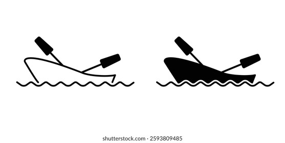 Cartoon rowing boat and paddle icon. Pleasure row boat with oars. Rowing, rower silhouette. Water transport, fishing boat.Maritime kayak boat. Water wave. rowboat for fun and holiday sports.