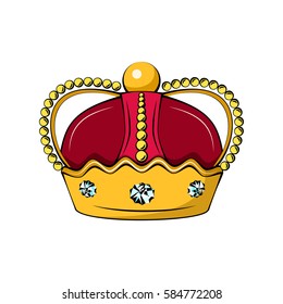 Cartoon royal crown icon. Vector king, queen, prince, princess attributes. Isolated on white background. Decorative assets for game design.