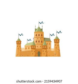 Cartoon royal fortress medieval palace with towers, gates and flag. Vector prince princess, fantasy fort exterior design. Old medieval city architecture element, game citadel, kingdom palace