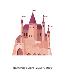 Cartoon royal fortress medieval palace with towers, gates and flag. Vector fantasy fort, old medieval city architecture, game citadel, kingdom palace
