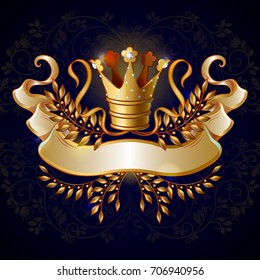 Cartoon royal gold crown template with jewels and laurel wreath on floral background isolated vector illustration