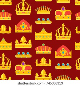 Cartoon Royal Golden Crown Background Pattern Symbol of Luxury Jewelry Flat Style Design. Vector illustration