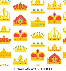 Cartoon Royal Golden Crown Background Pattern on a White Symbol of Luxury Jewelry Flat Style Design. Vector illustration