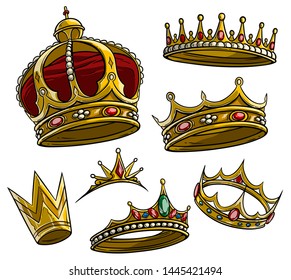 Cartoon royal king golden crown with diamonds and gems. Isolated on white background. Vector icon set.