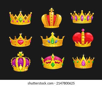 Cartoon royal king golden crowns, game asset. Vector Monarch crowning headdress with gemstones for queen or tzar. Isolated gold monarchy symbol, medieval emperor items, imperial coronation heraldry