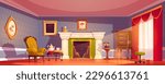 Cartoon royal living room interior with fireplace. Vector illustration of luxury house furnished with victorian style armchair and table, drawer and retro telephone, pictures on walls. Rich home