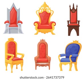Cartoon royal thrones. King chair queen throne emperor seat antique medieval luxury armchair kingdom fairytale game royalty object ancient castle prestige, neat vector illustration original artwork
