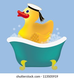 Cartoon rubber duck in his cap in the bathroom bathing. Vector illustration.