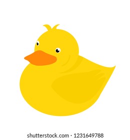 Cartoon rubber duck with orange beaker isolated on white. Adorable yellow ducky icon. Funny bath toy flat vector illustration. Childhood, parenting, happiness concept. Yellow rubber duckling symbol