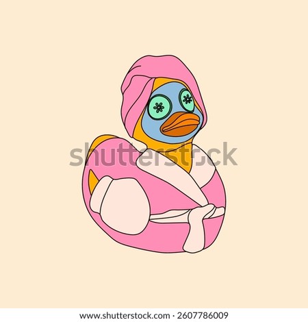 Cartoon rubber duck in spa day mode, wearing a bathrobe and cucumber face mask, enjoying a moment of relaxation and self-care