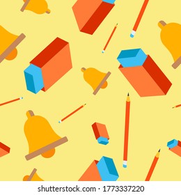 Cartoon Rubber Eraser, Pencil, Bell. Seamless Vector Pattern Design Background