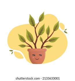 Cartoon rubber plant - vector illustration. indoor plant, cute,