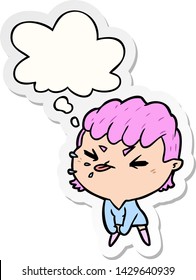 cartoon rude girl with thought bubble as a printed sticker