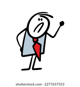 Cartoon rude man in an office suit shakes his fist at colleagues. Vector illustration of an angry boss.