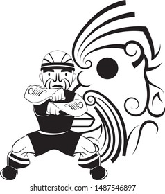 cartoon rugby man doing haka with face tattoo (Tā moko)