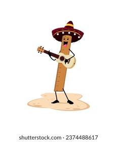 Cartoon ruler school supply character on summer beach vacation. Isolated vector measuring tool personage wear Mexican mariachi sombrero hat playing guitar performing funny music show on sea shore