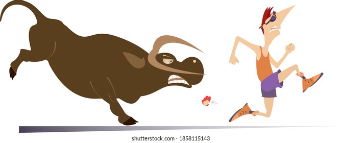 Cartoon runner and angry bull illustration. Frightened sport man runs away from the angry bull isolated on white
