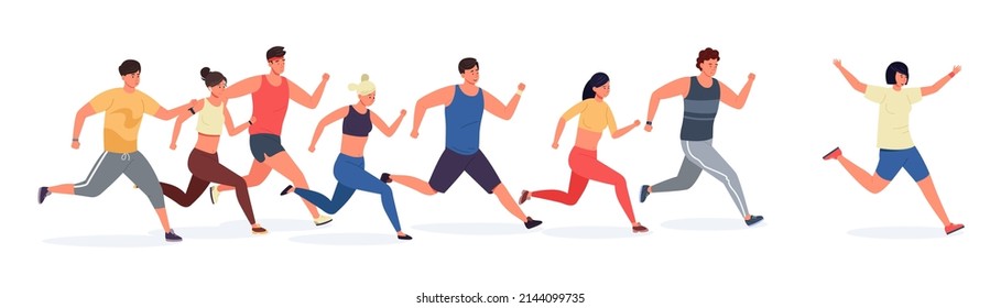 Cartoon runner. People in sport clothes running and jogging, sport athletic men and women on group training. Vector illustration. Female and male characters participating in marathon on competition