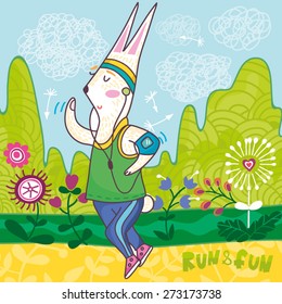 A cartoon runner rabbit, wearing trousers, t-shirt and shoes is running slowly. 
