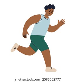 Cartoon runner in sports tank top and shorts, jogging or running marathon. Dark skinned athlete in motion. Vector illustration in flat style, man training cardio exercise, sportsman in competition